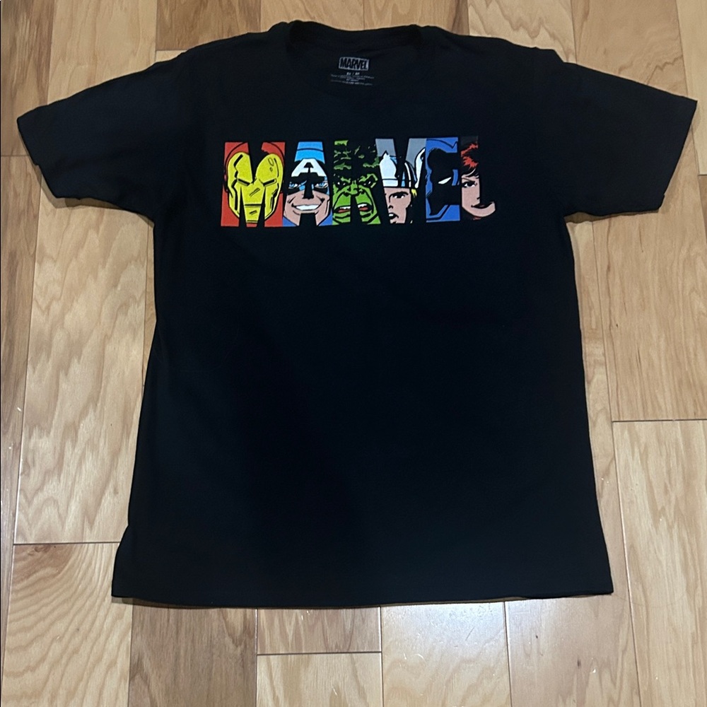 Marvel Heroes Black Tee with Colorful Faces-Size Medium